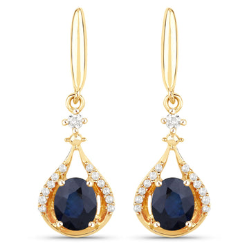 0.86 Carat Genuine Blue Sapphire and White Diamond 14K Yellow Gold Earrings