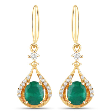 0.70 ct Genuine Zambian Emerald and White Diamond 14K Yellow Gold Earrings