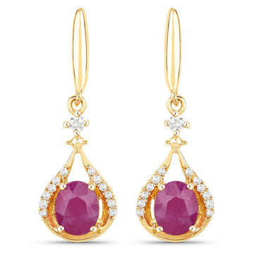 0.70 ct Genuine Ruby and White Diamond 14K Yellow Gold Earrings