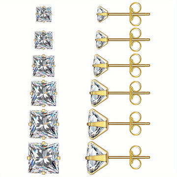 316 Stainless Steel Square Stud Earrings with Cubic Zirconia Accents