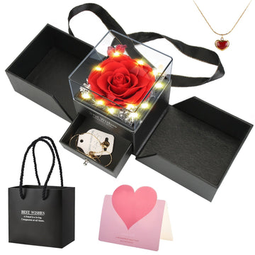 Preserved Red Real Rose with Heart Necklace Eternal Flowers Rose with Golden Necklace Gifts for Women Mom Wife Girlfriend Grandma on Valentine Mother