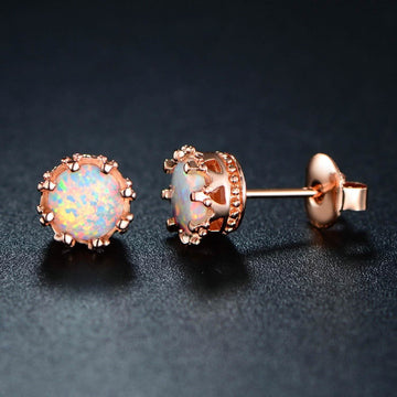 Fire Opal Crown Stud Earrings in 18K Rose Gold Plating
