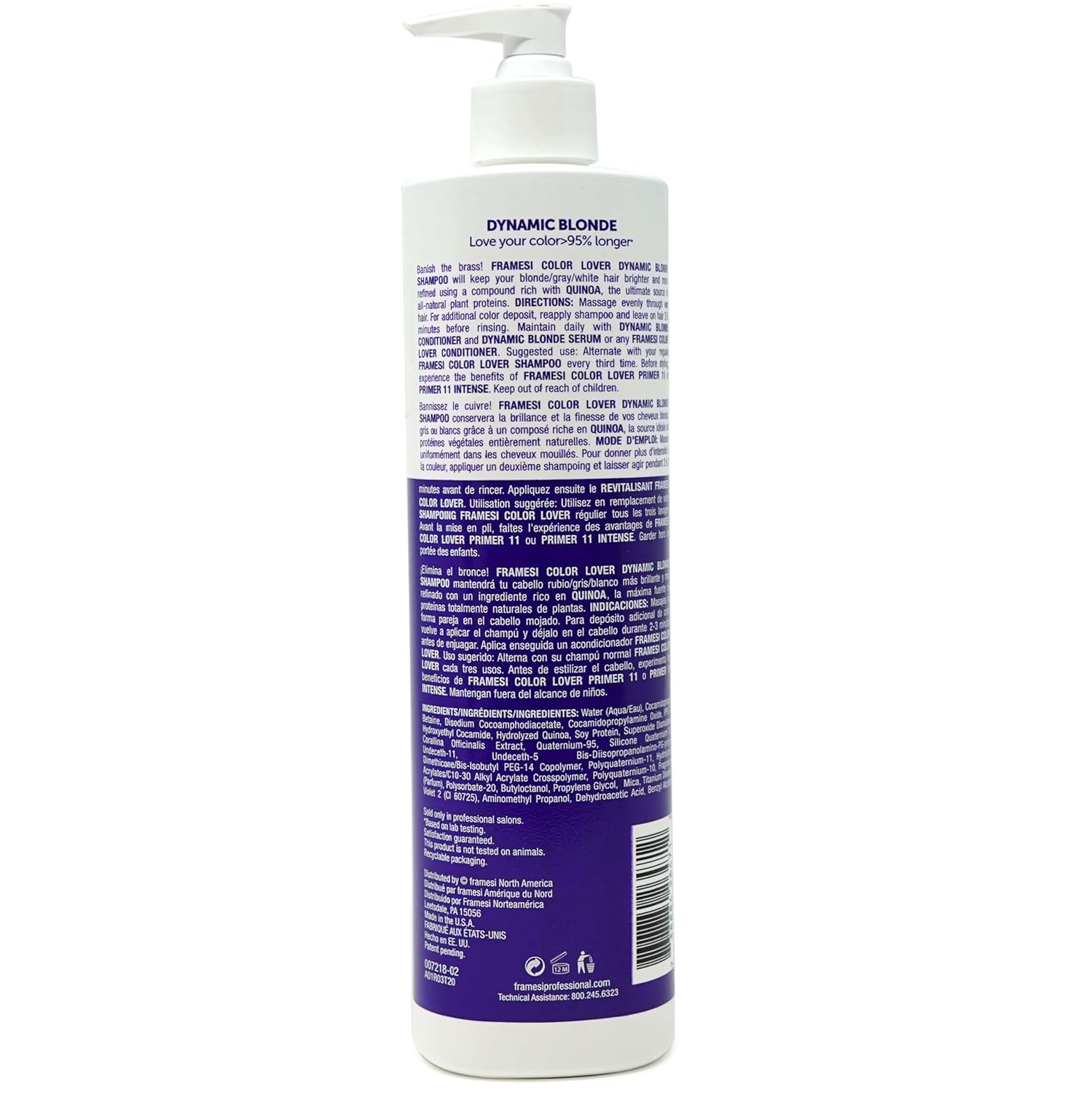 Framesi Color Lover Dynamic Blonde Conditioner, Purple Conditioner, Sulfate Free Conditioner, Color Treated Hair 16.9 Oz
