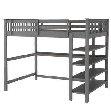 Full Size Loft Bed with Under-bed Desk and Storage Shelves