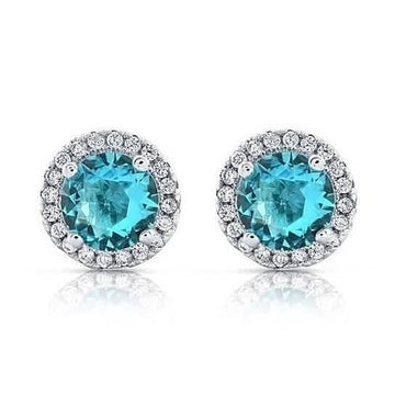 Halo Cz Aquamarine Stud Earrings White Sterling Silver Filled High Polish Finish