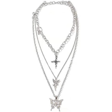 Layered Butterfly Cross Angel Pendant Necklace