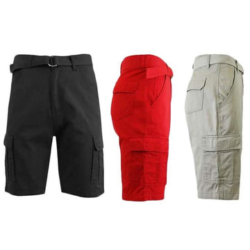 Men's 100% Cotton Belted Cargo Shorts - Assorted Colors and Sizes
