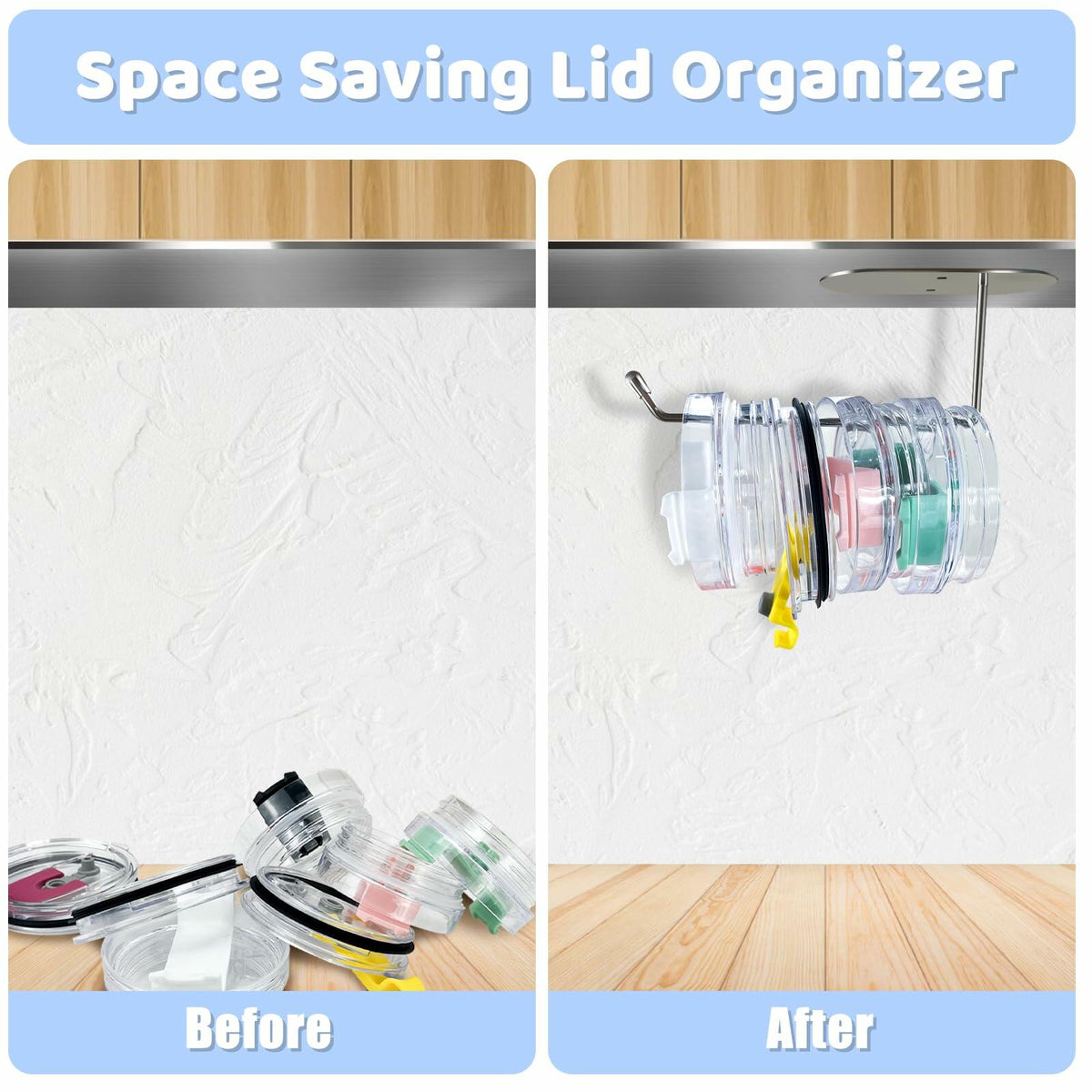 Nuorest 2 Pack Tumbler Lid Organizer Hook Under Cabinet Space Saving