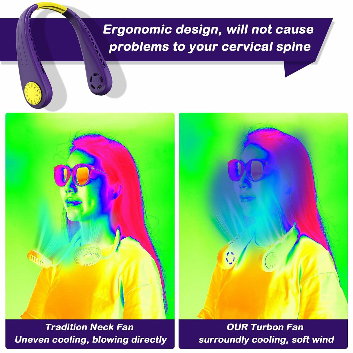 NinetinGel Neck Fan USB Rechargeable Purple Portable Indoor Outdoor Travel