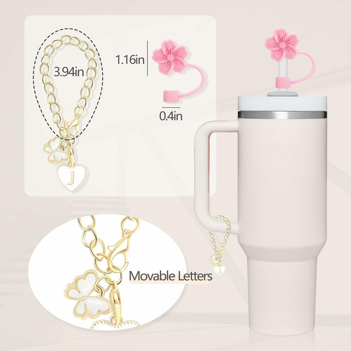 Sloworld 4PCS Straw Covers for Stanley 30/40oz + 2PCS J Letter Charms