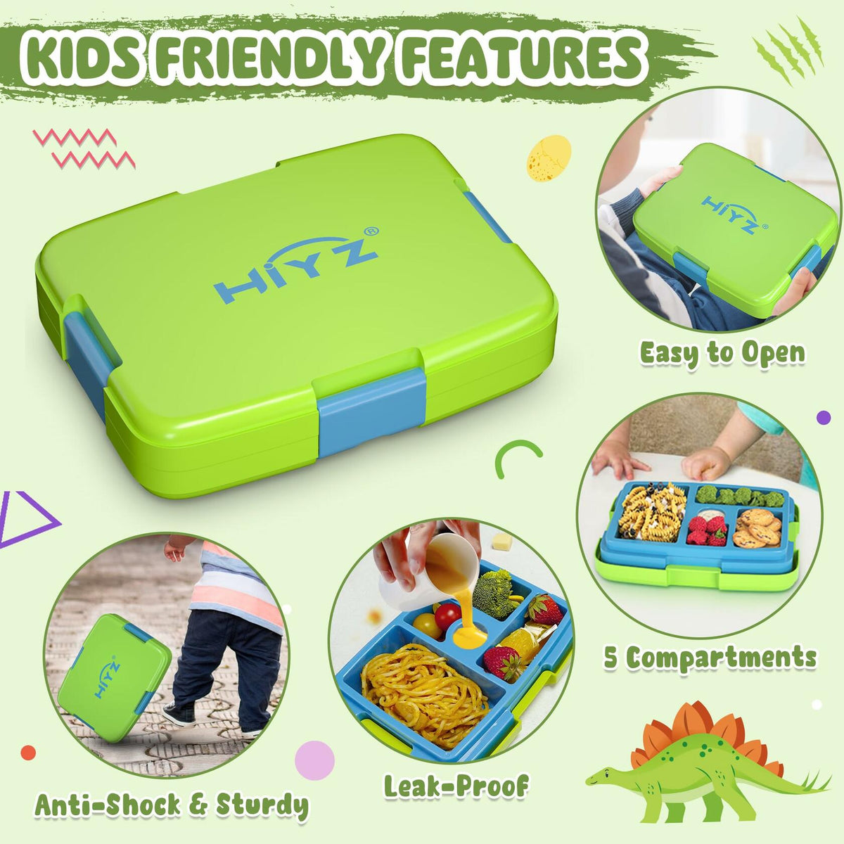 HiYZ Kids Bento Lunch Box 5 Compartments Leak-Proof BPA-Free Ages 3-7