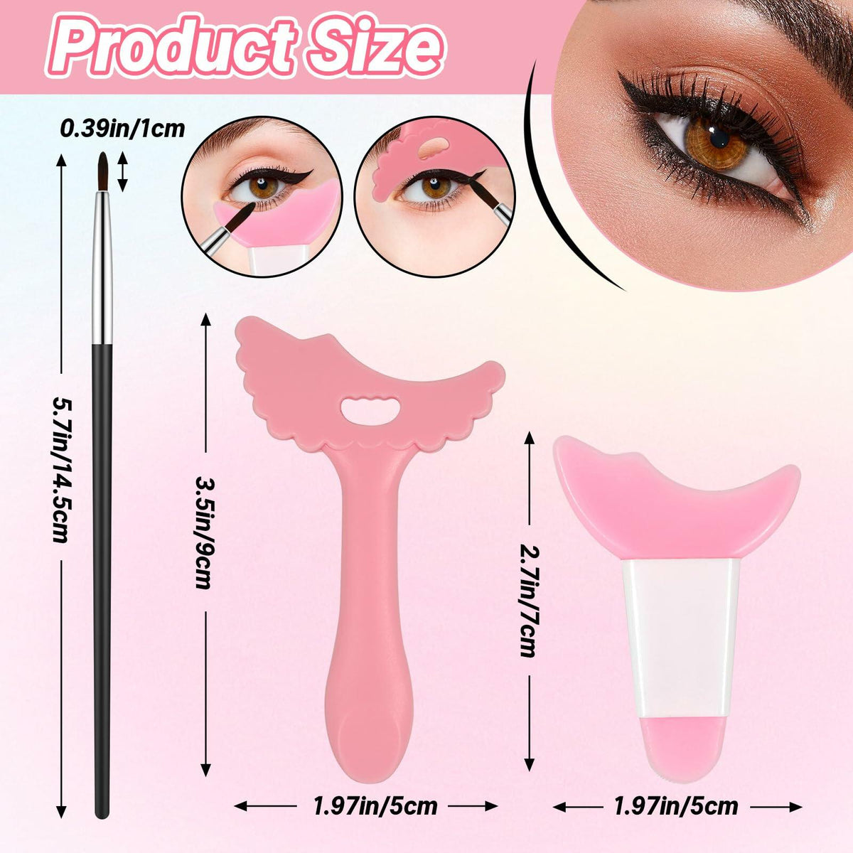 3Pcs Pink Silicone Eyeliner Stencils & Brushes Reusable Makeup Tools
