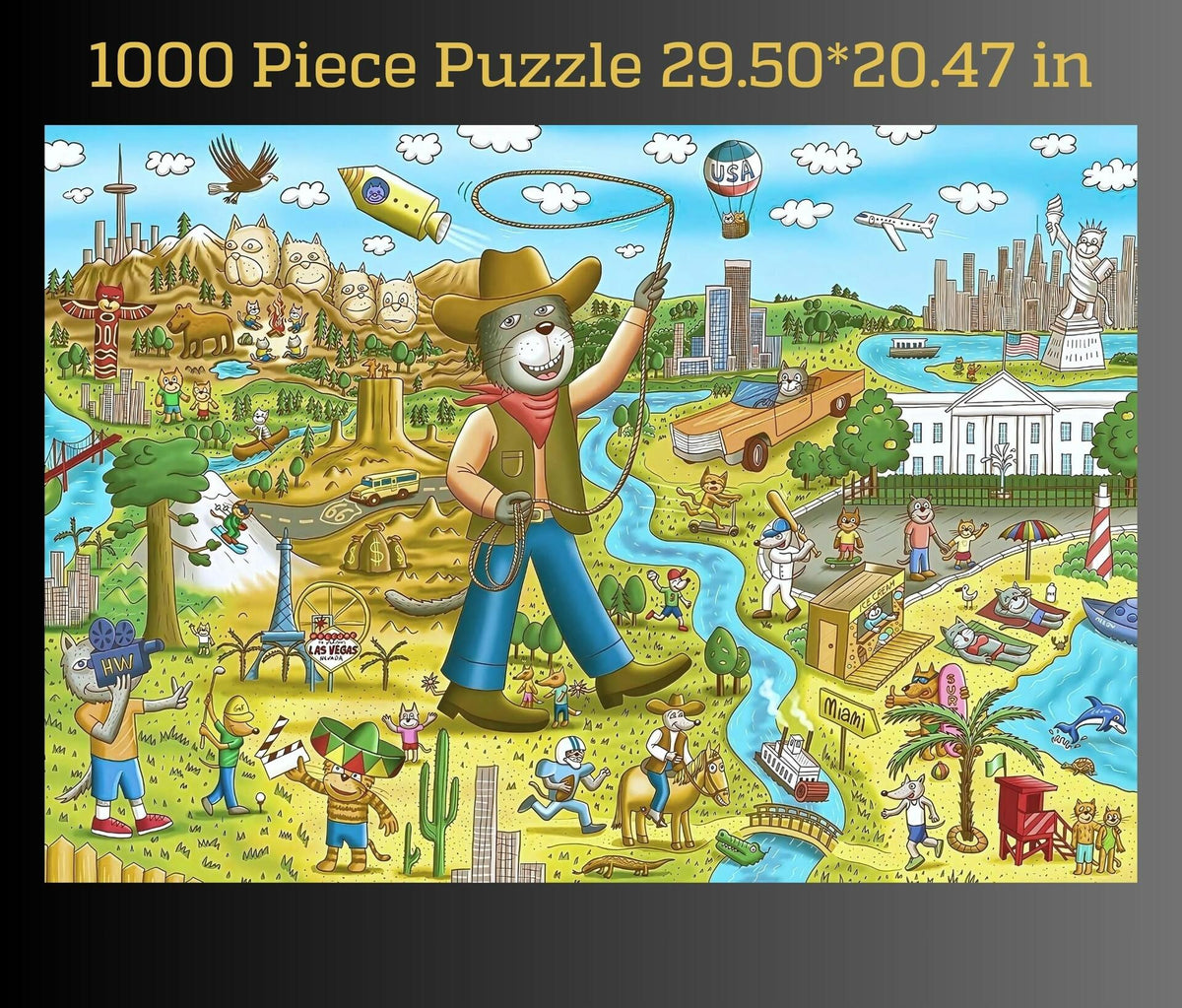 GERJATO Cats & Dogs USA Map Puzzle 1000pc with Poster & Saver Sheets