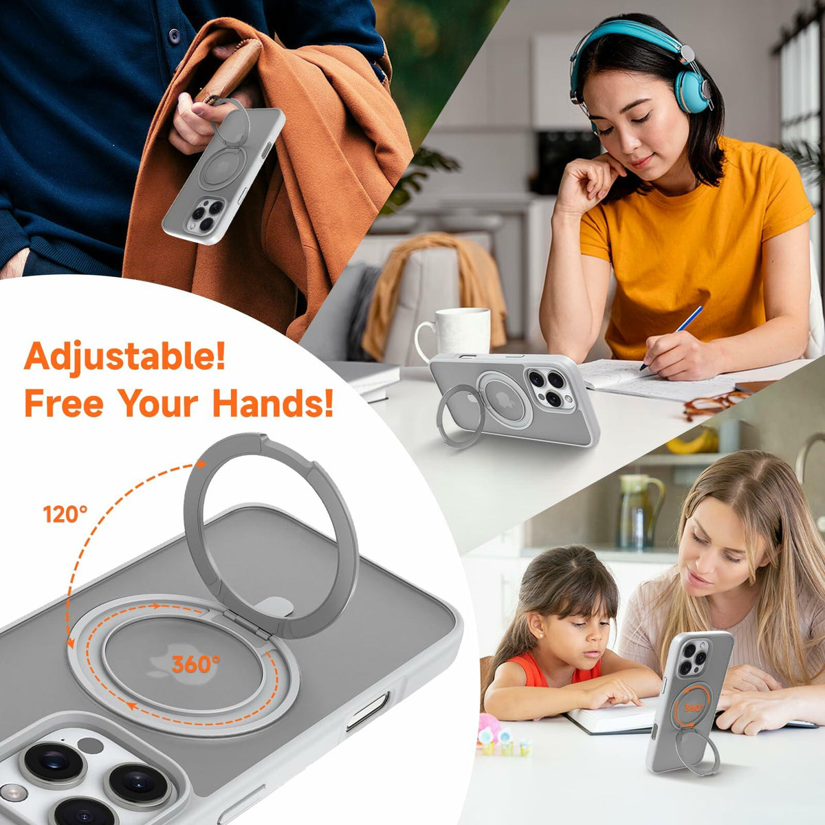 Vongong iPhone 16 Pro Max Gray Magnetic Case Drop-Proof with 360° Ring Stand