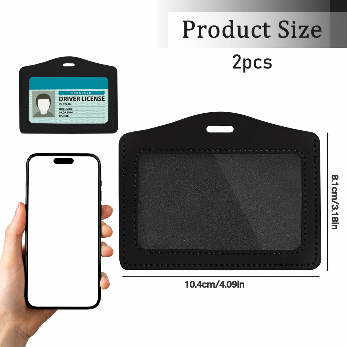 2 Pcs Genuine Leather Horizontal ID Badge Holders Clear Waterproof Black Gray