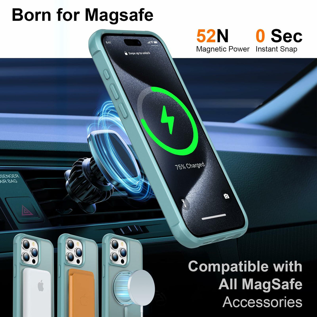 CHAOFEnG iPhone 15 Pro Case 360° Rotatable Stand Magnetic Teal Green