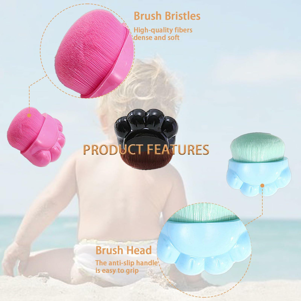 3 Pack Sunscreen Applicator Brushes for Kids with Protective Caps - New