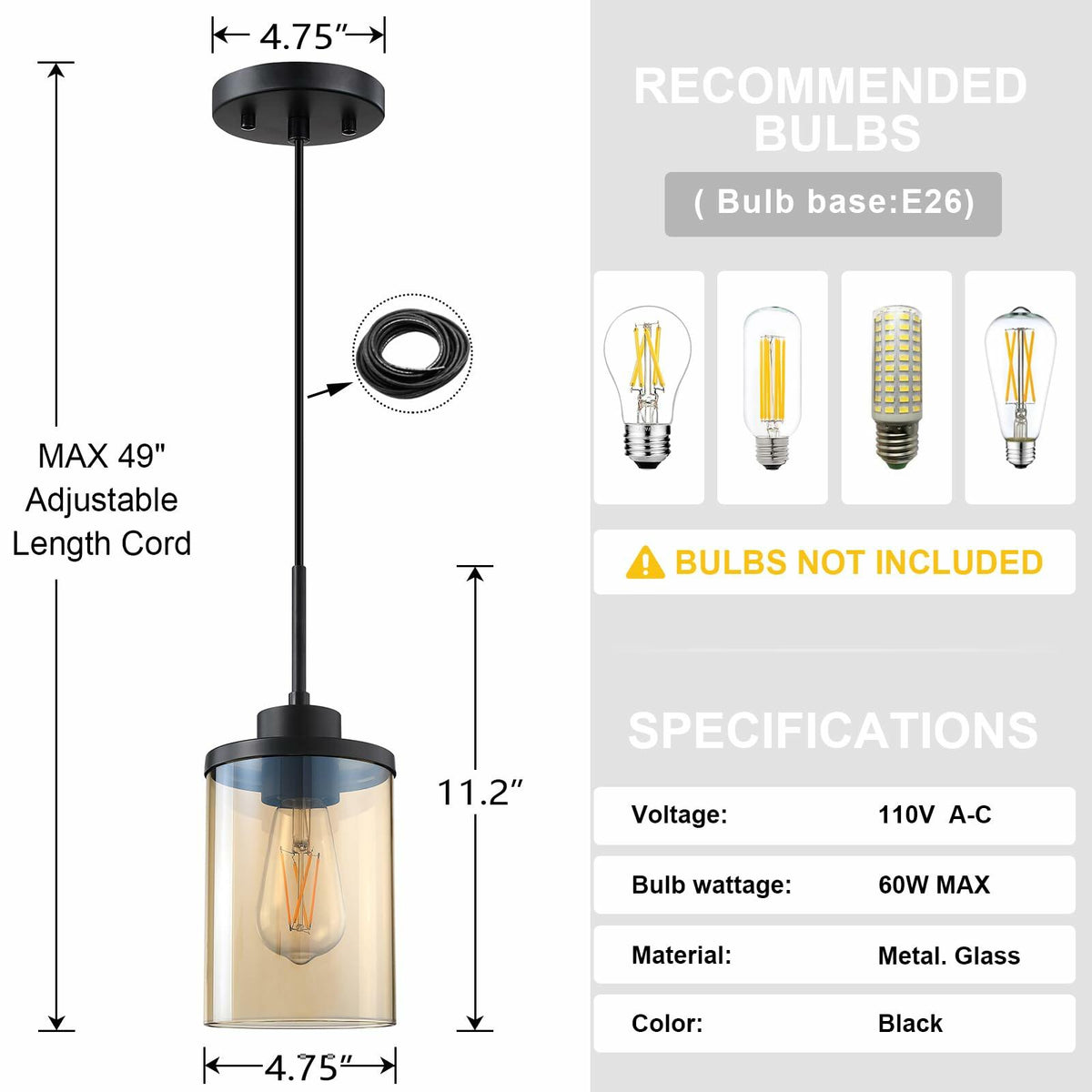 CJY CHENJINYAN 3 Pack 4.3" Amber Glass Pendant Lights Black Finish