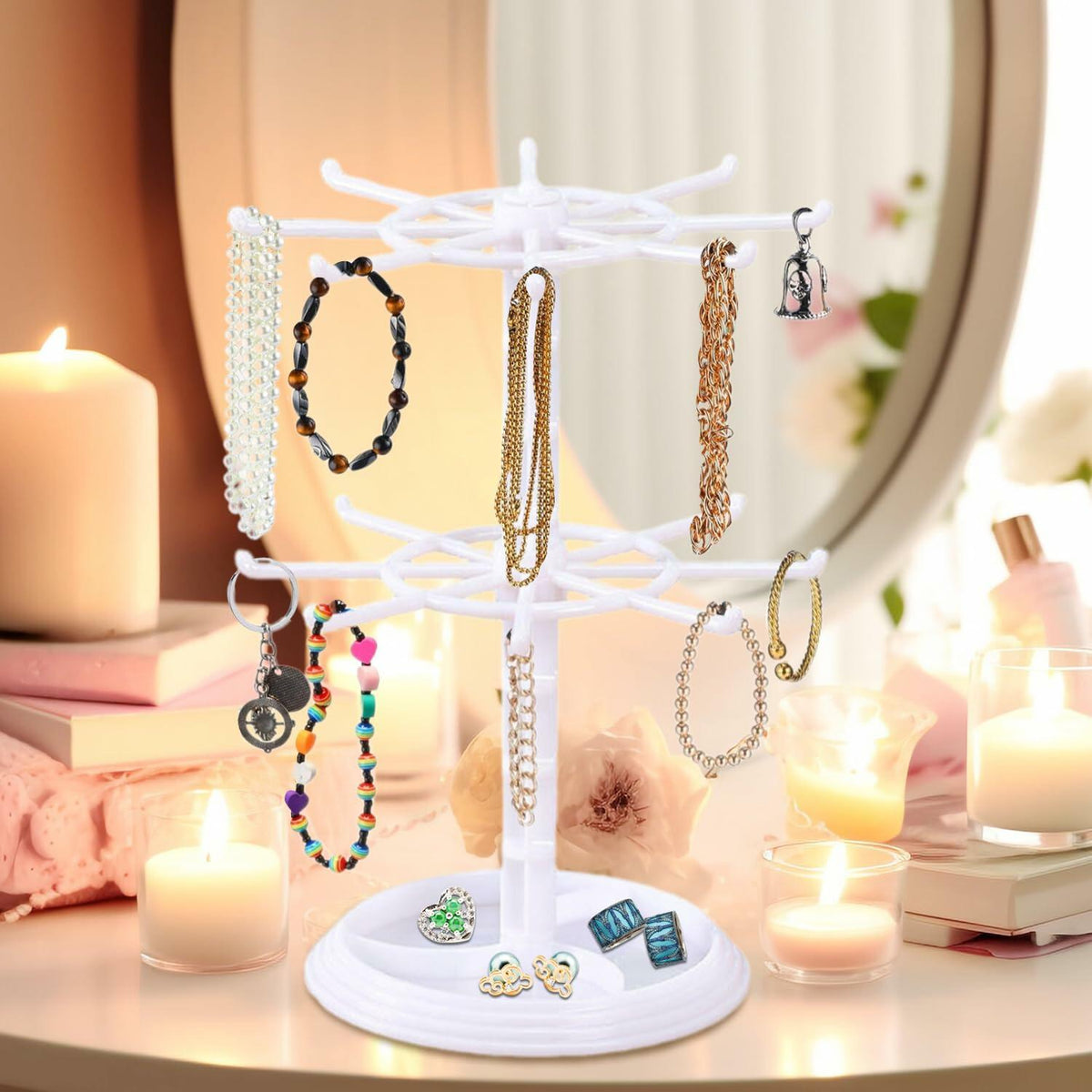 Ysmooiuy 11JJ1 White Rotating Necklace Holder Organizer Jewelry Stand