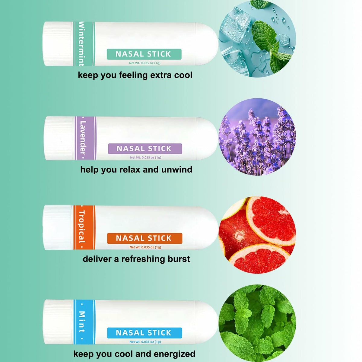 BestBy09/29 CHOVEMOAR Nasal Stick Inhaler Set of 4 Natural Mint Energy Boost
