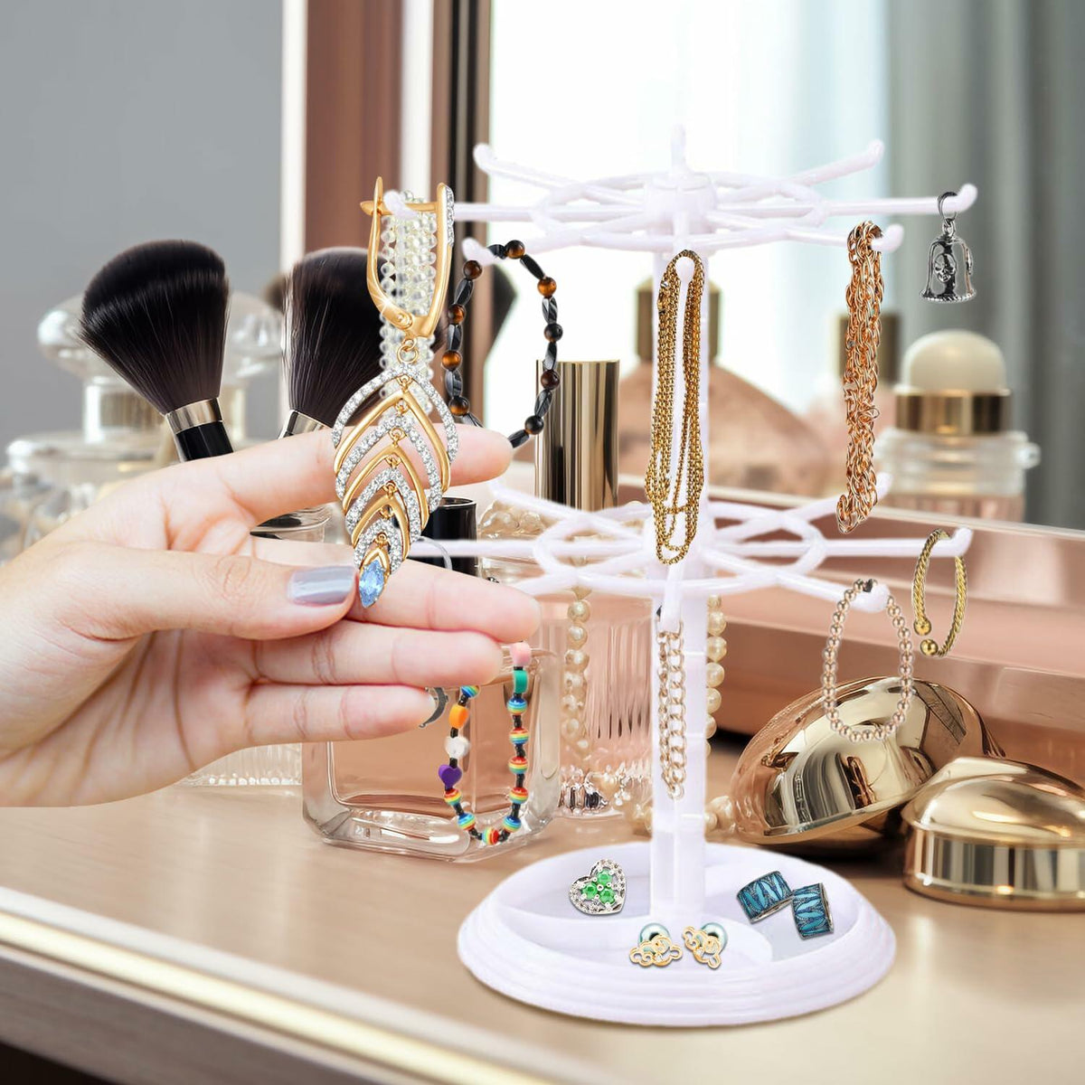 Ysmooiuy 11JJ1 White Rotating Necklace Holder Organizer Jewelry Stand