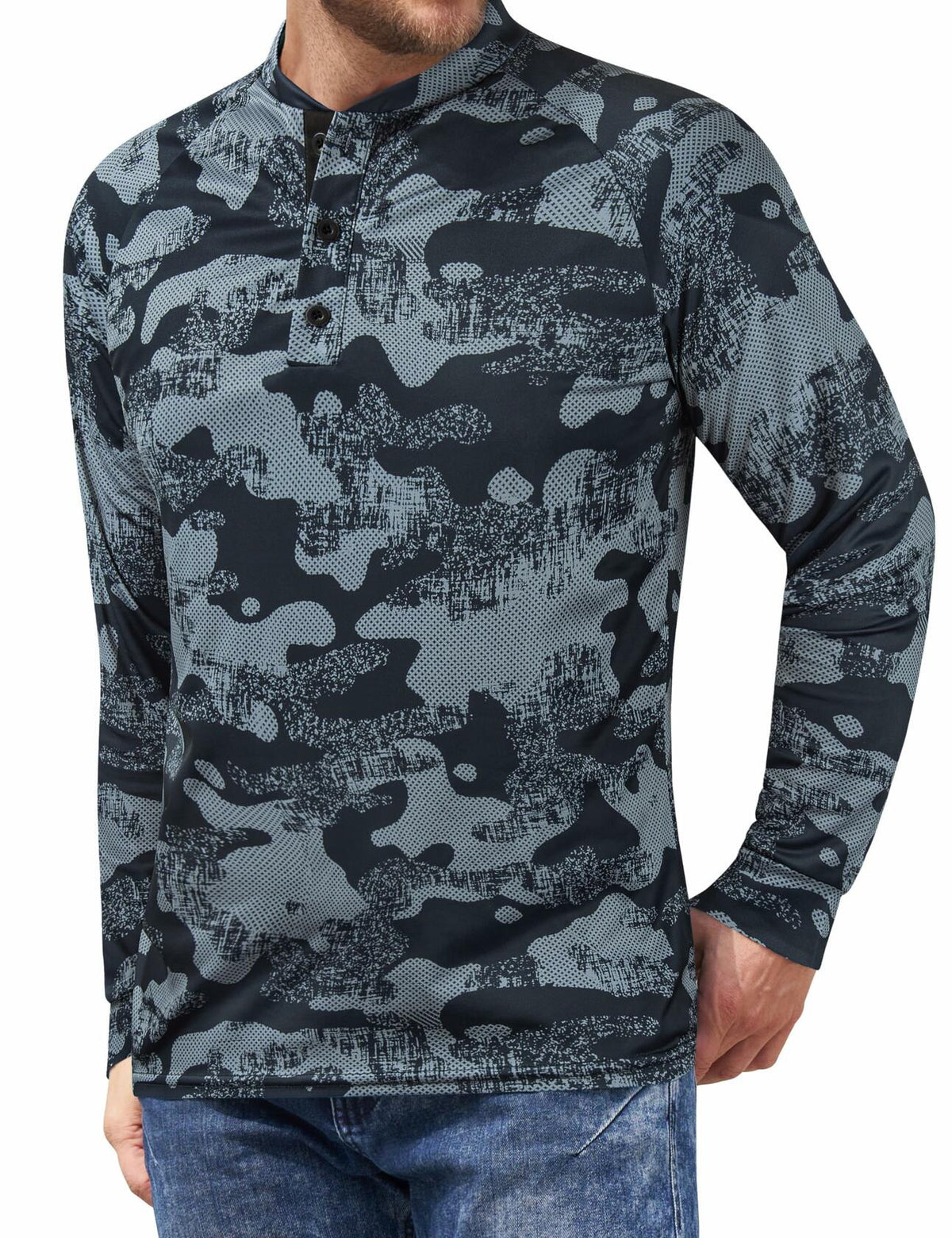 Wancafoke Men's Long Sleeve Henley Shirt Quick Dry Collarless Lake Blue - Size L