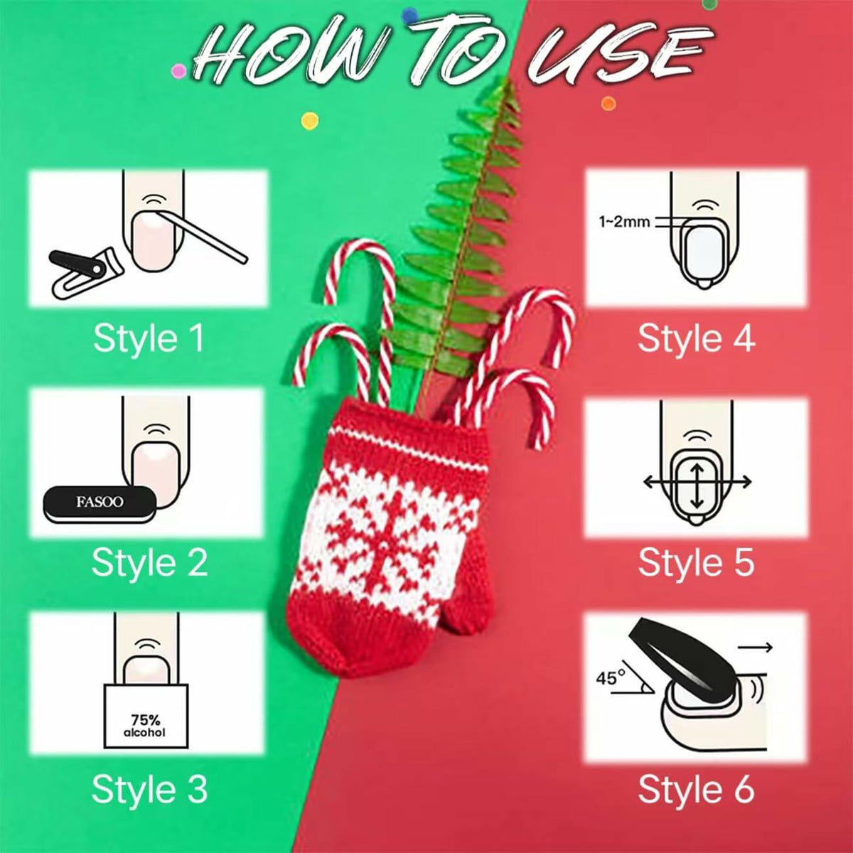 24 Pcs Medium Christmas Press-on Nails Glossy Design Square with Glue