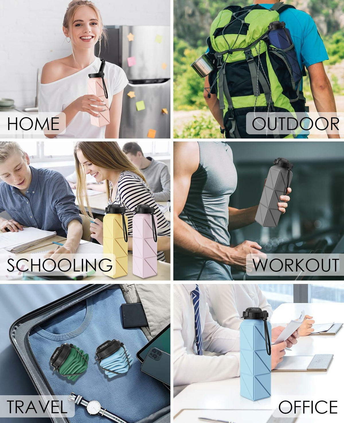 Infitran 2-Pack 20.6oz Collapsible BPA-Free Silicone Leak-Proof Water Bottles