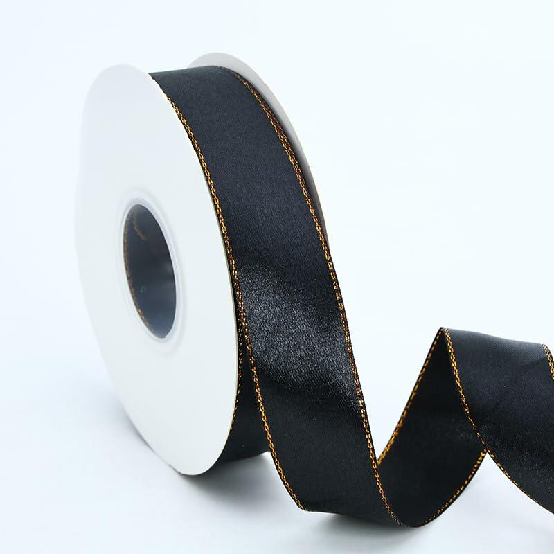 BAEKZ 1in Black Satin Ribbon Gold Edged 50 Yd Roll Flower Gift Decor