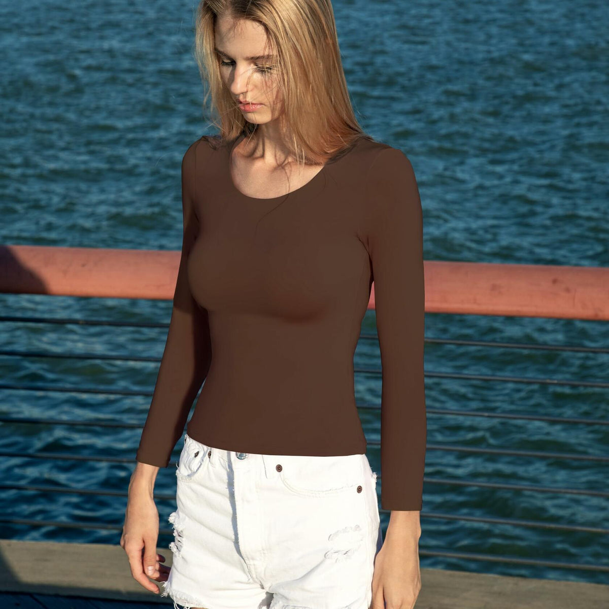 BRISIRA Women's Brown Long Sleeve Crop Top Slim Fit Scoop Neck Tee - Size M