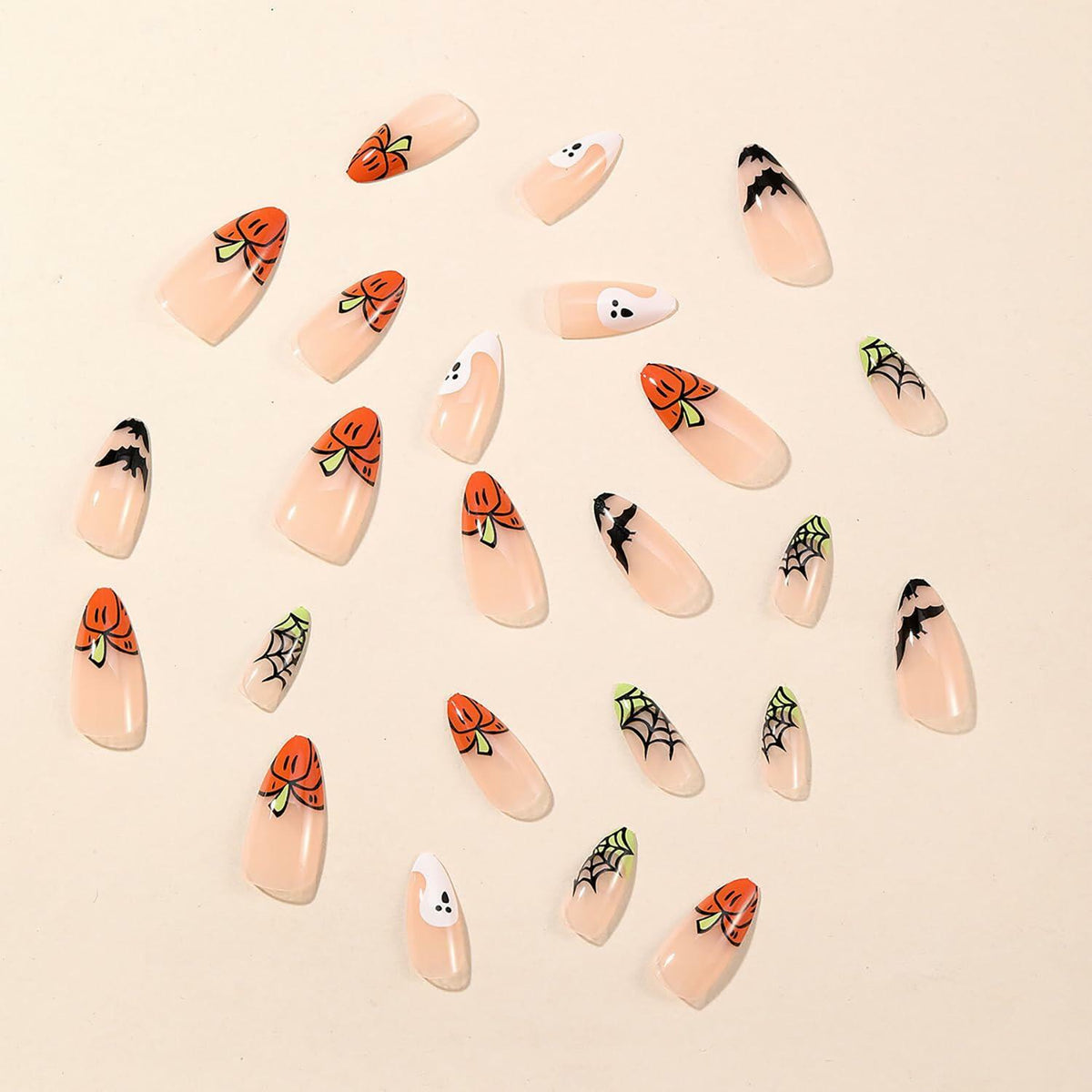 24 Pcs Halloween Acrylic Press On Nails Medium Almond Ghost Pumpkin Bat Design