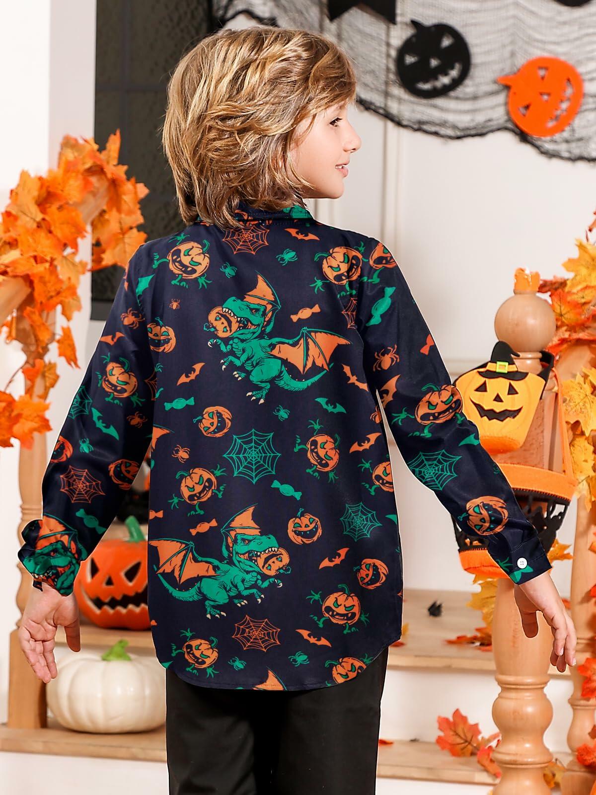 Boys Halloween Dinosaur Shirt Size 10 Long Sleeve Pumpkin Button Up