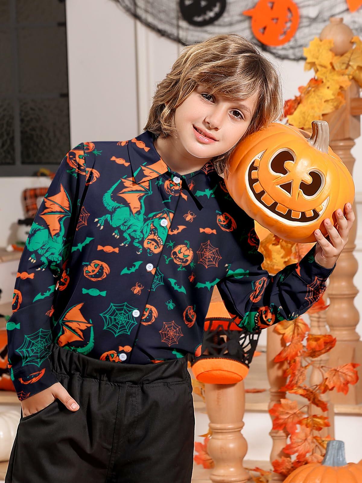 Boys Halloween Dinosaur Shirt Size 10 Long Sleeve Pumpkin Button Up