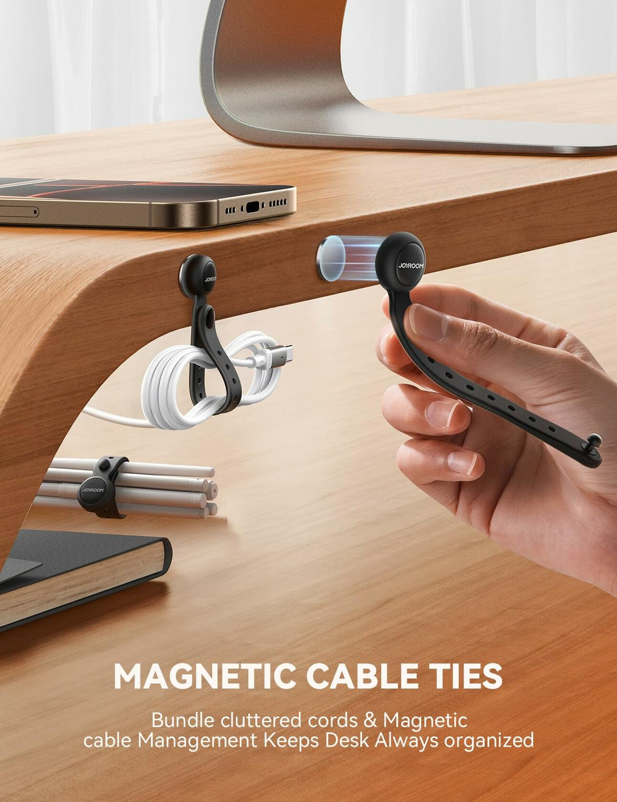 JOYROOM 12PCS Magnetic Cable Ties Black Reusable Silicone Organizers
