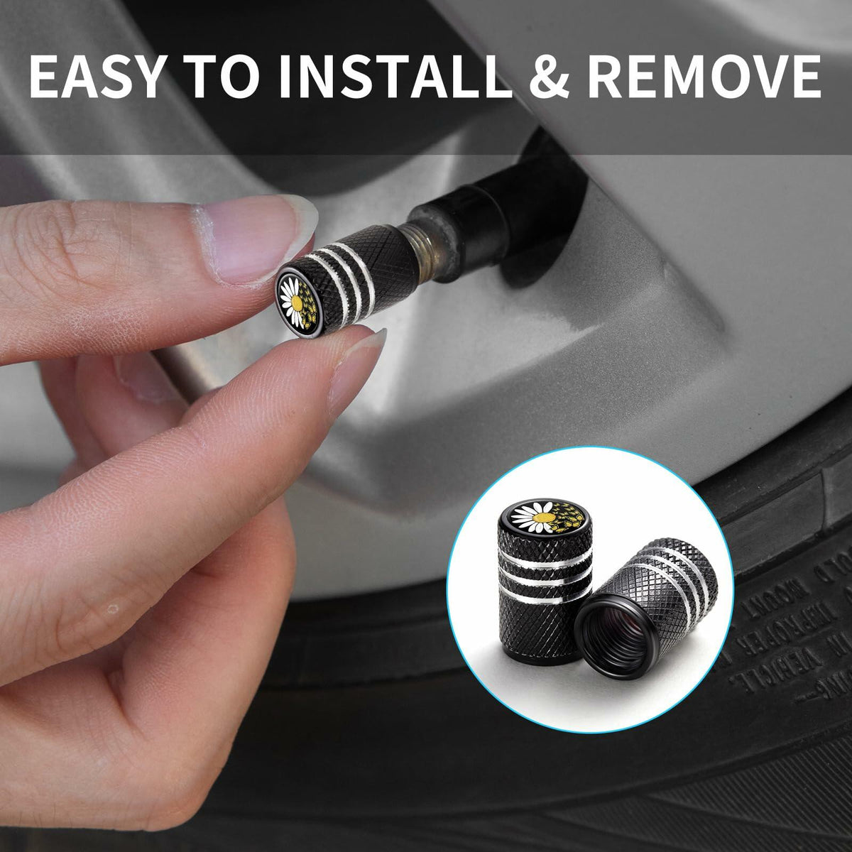 JIASWTHM Tire Valve Stem Caps Black 4 Pack Anodized Aluminum Universal