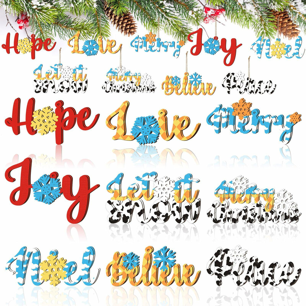 Gerrii 18pcs Christmas Ornaments Wooden Words Colorful Bulk New Crafts