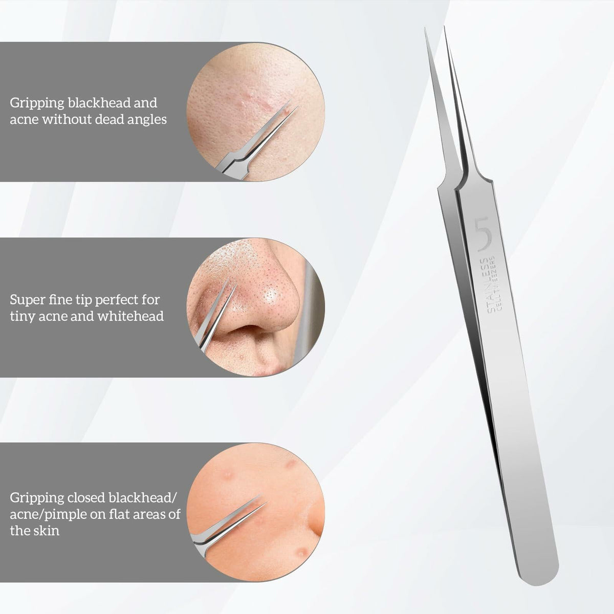 Bewudy 3Pc Stainless Steel Blackhead Remover Tweezers Kit Precision Tool