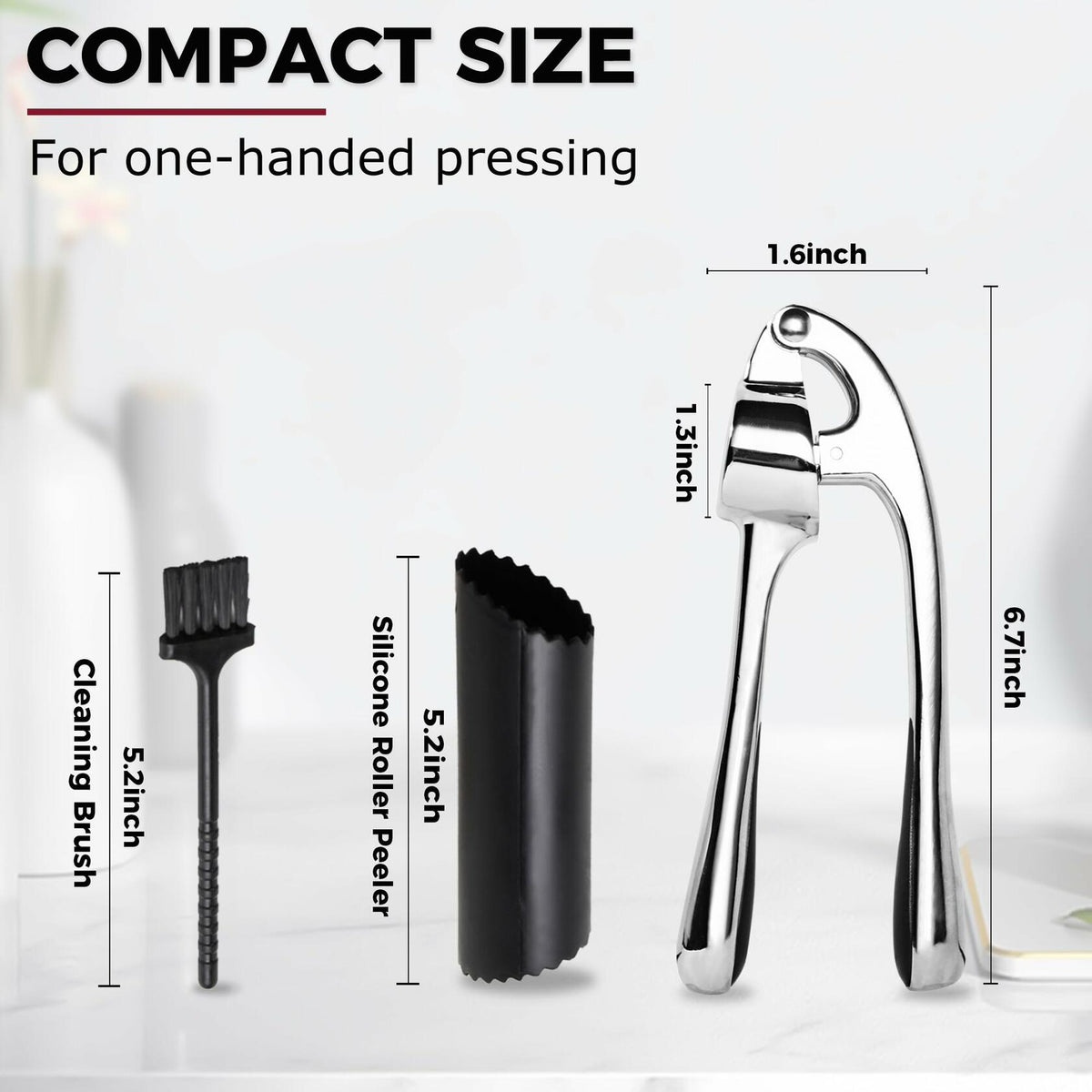 Kitessensu Garlic Press Set with Silicone Peeler & Brush, Gloss Silver