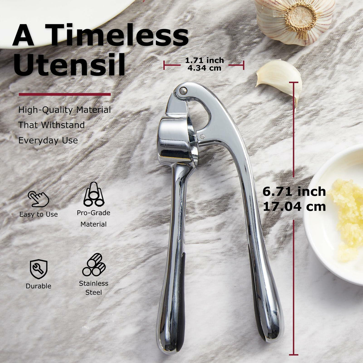 Kitessensu Garlic Press Set with Silicone Peeler & Brush, Gloss Silver