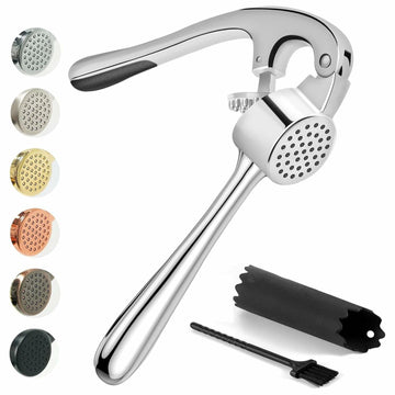 Kitessensu Garlic Press Set with Silicone Peeler & Brush, Gloss Silver