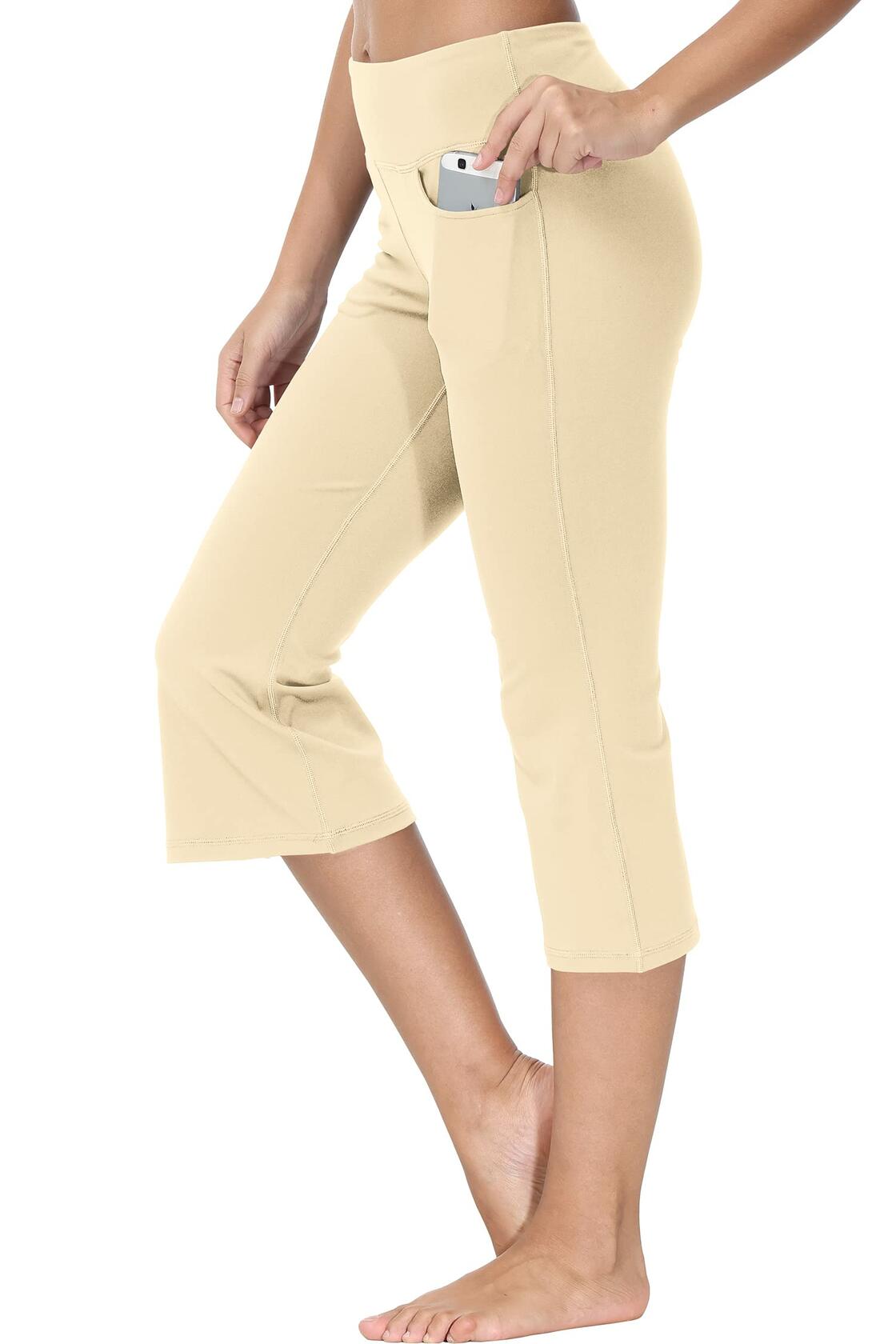Cakulo Womens Capri Yoga Flare Pants Beige M Athletic Workout Pockets
