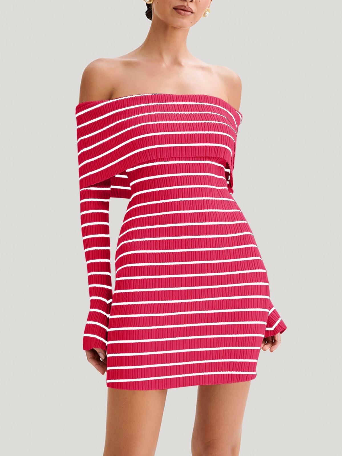 Wenrine Womens Off Shoulder Striped Knit Mini Dress Red Long Sleeve Size M