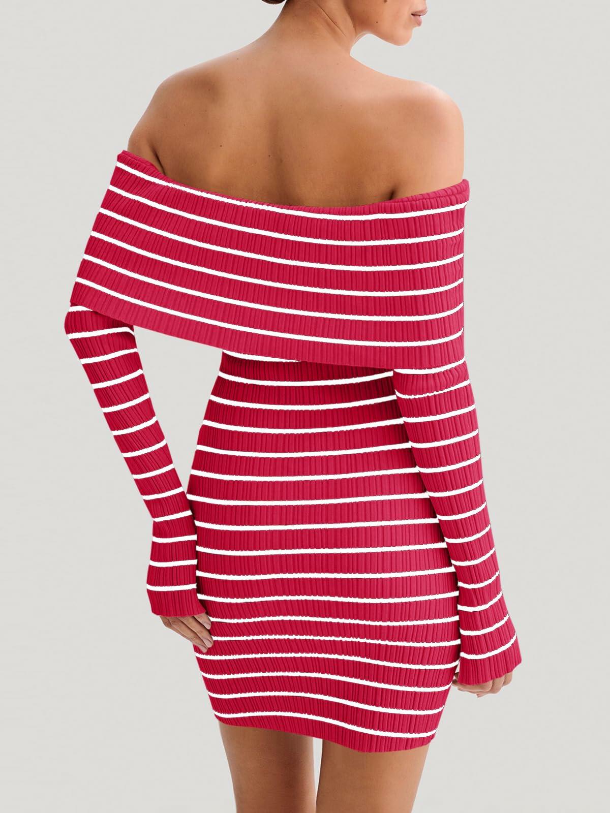 Wenrine Womens Off Shoulder Striped Knit Mini Dress Red Long Sleeve Size M