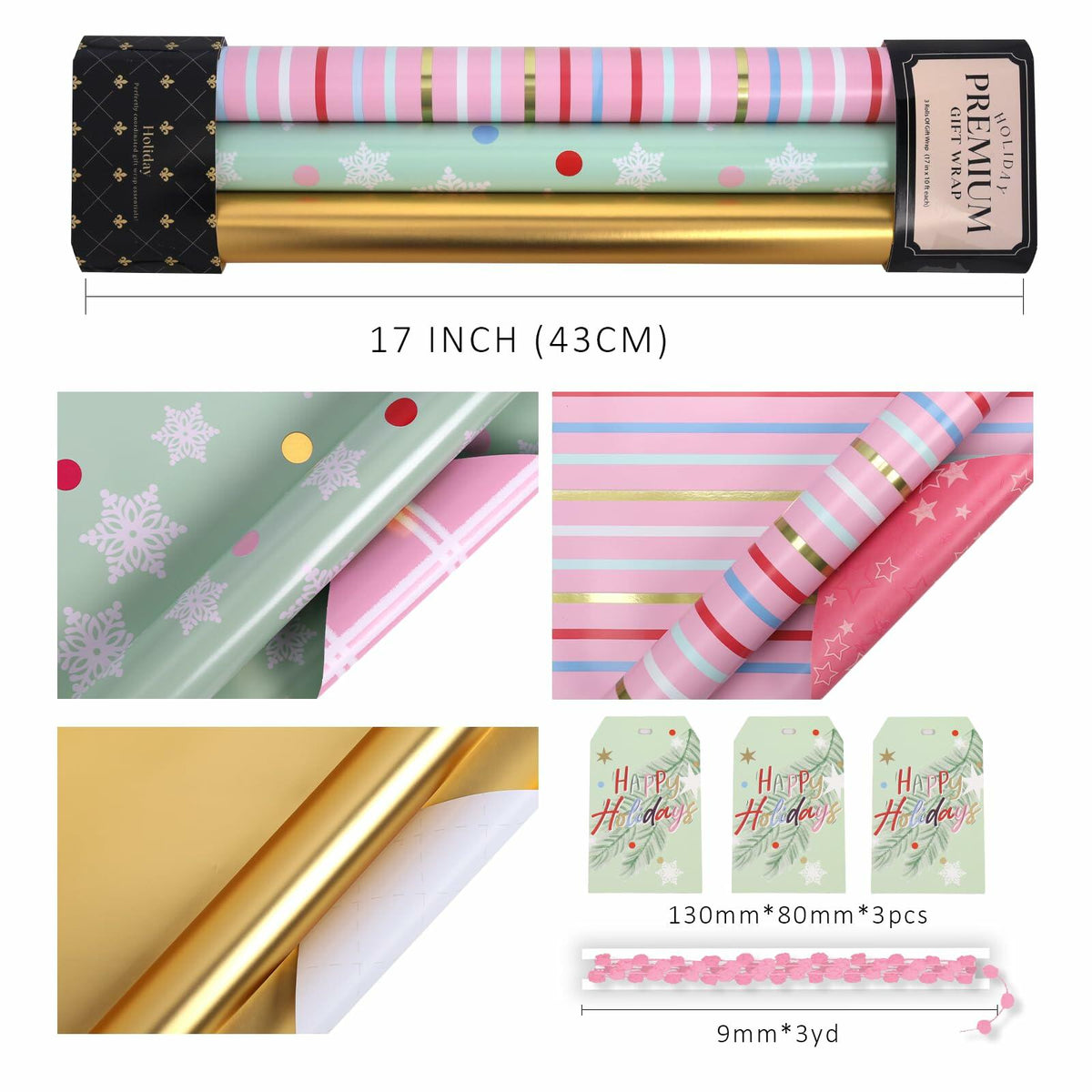 LaRibbons Christmas Wrapping Paper 3 Rolls 17x10ft Peace Pattern with Tags