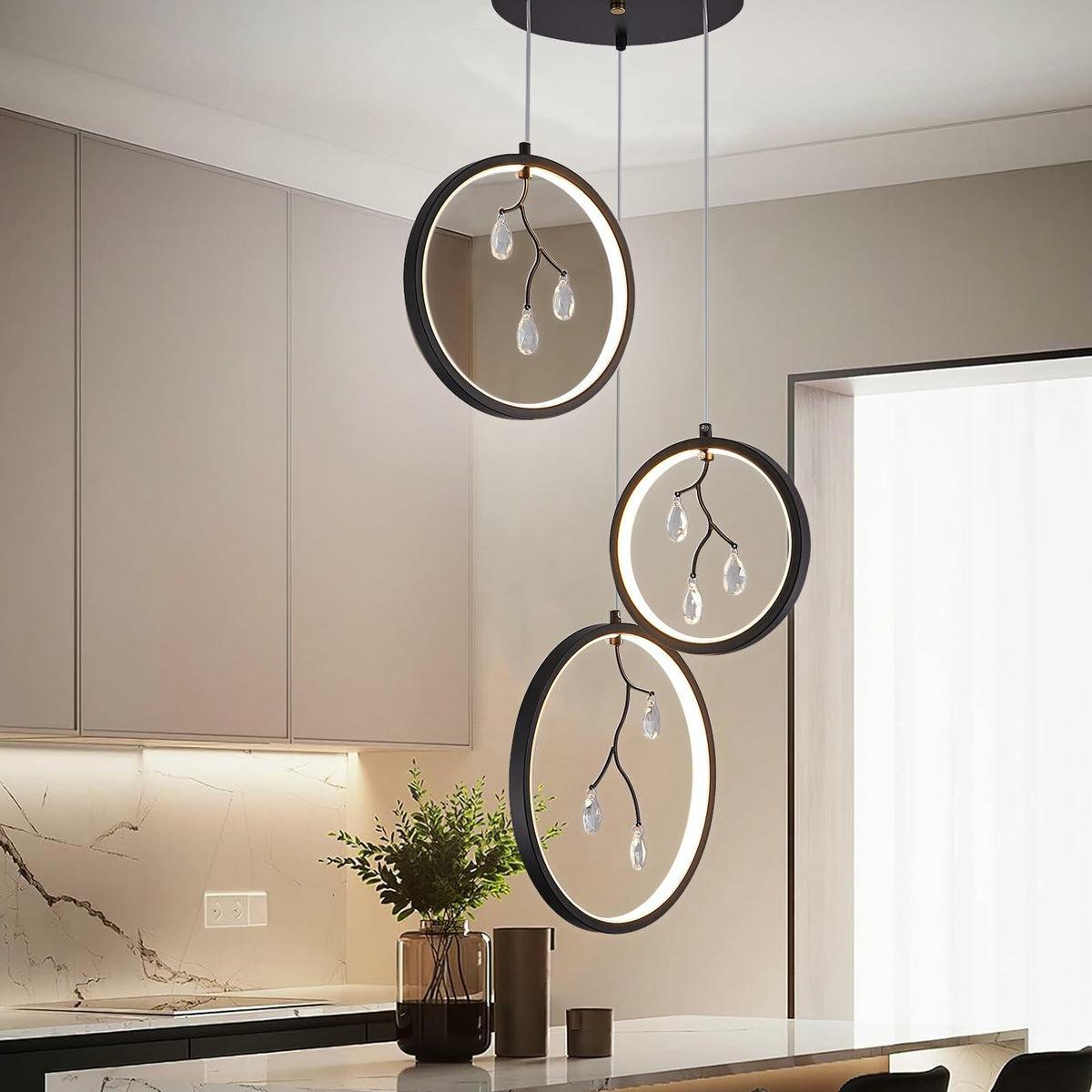 ACNENZIO Black 3-Light Pendant Lighting Fixture, Adjustable, Black 3-Ring