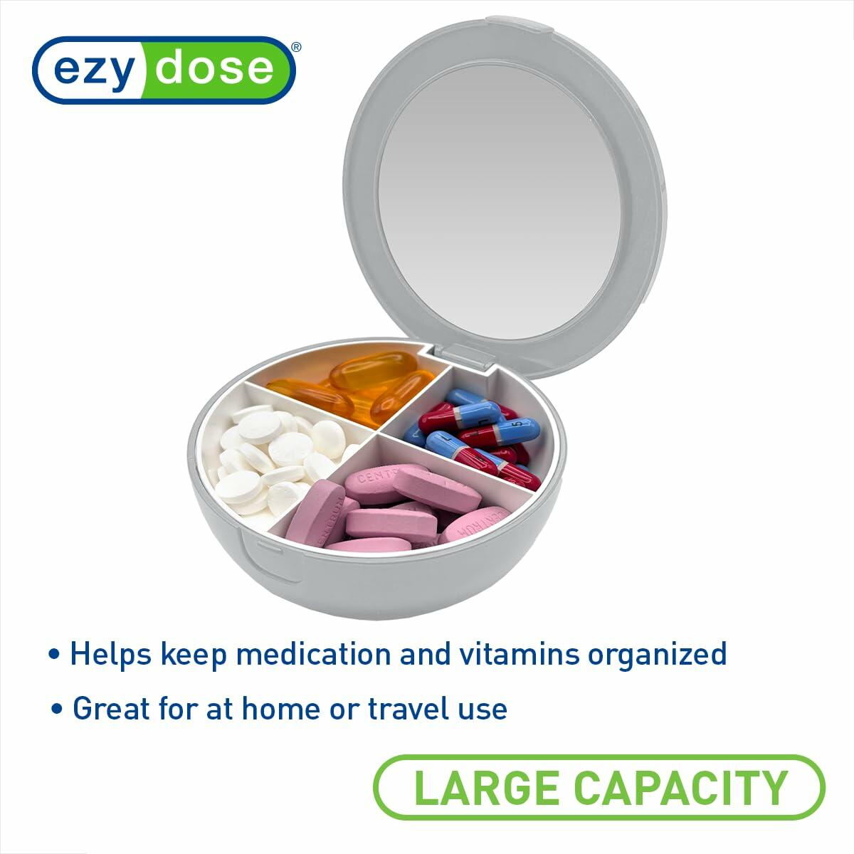 EZY DOSE Travel Pill Organizer Gray Compact Portable Medicine Case with Mirror