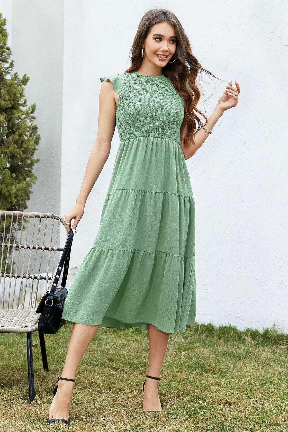 ZOOMOON Women's 2024 Army Green Maxi Dress Smocked Waist Casual Short Sleeve - L