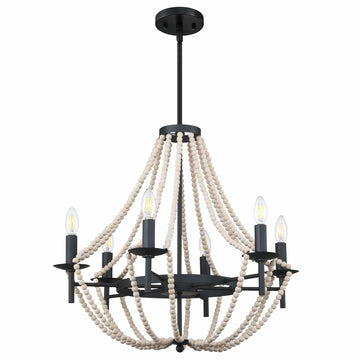 3-Light Pendant Chandelier Nature Wood Beaded Boho Black Semi Flush 12x10.5"