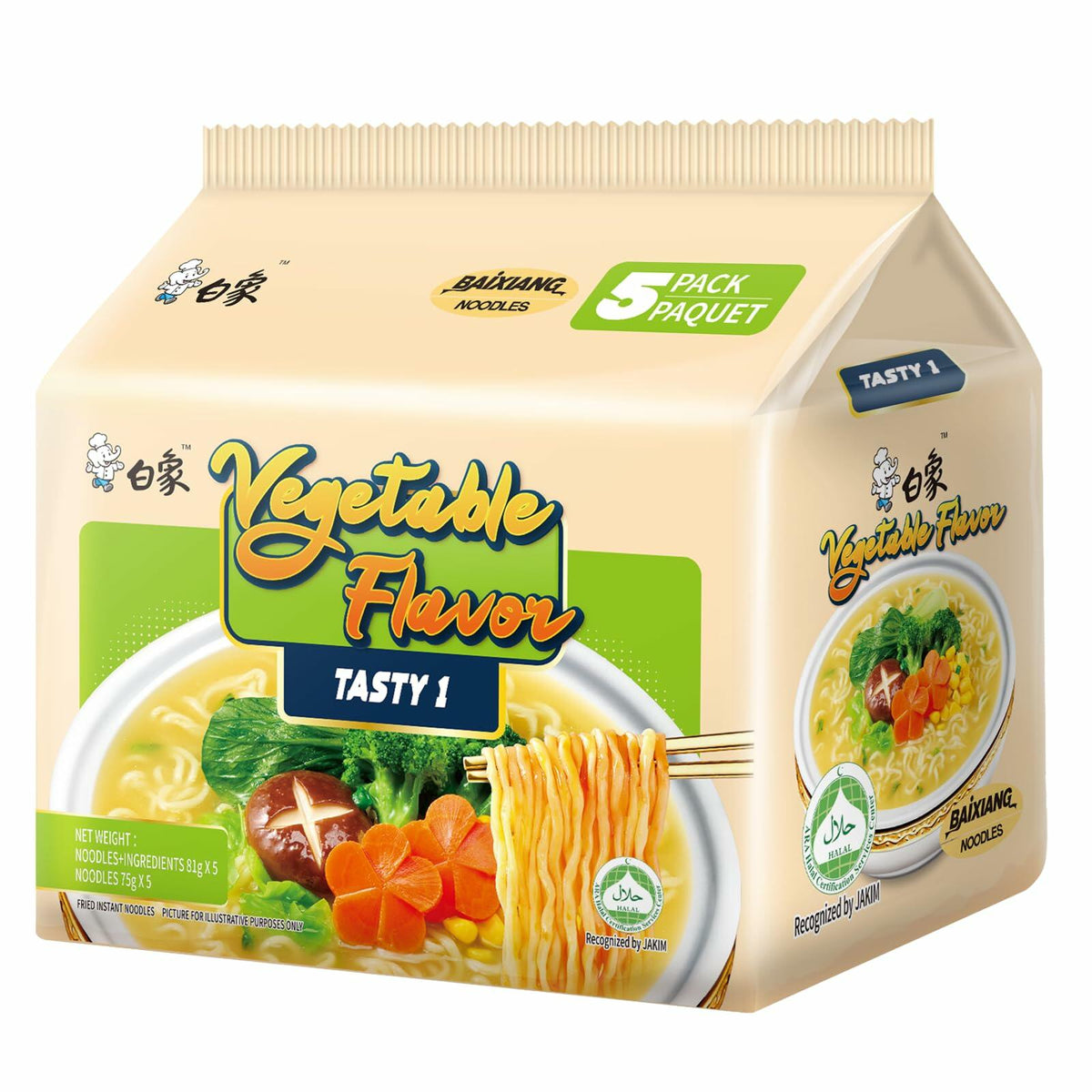 BestBy02/25 BaiXiang Vegetable Flavor Ramen Noodles Vegetarian Pack of 5