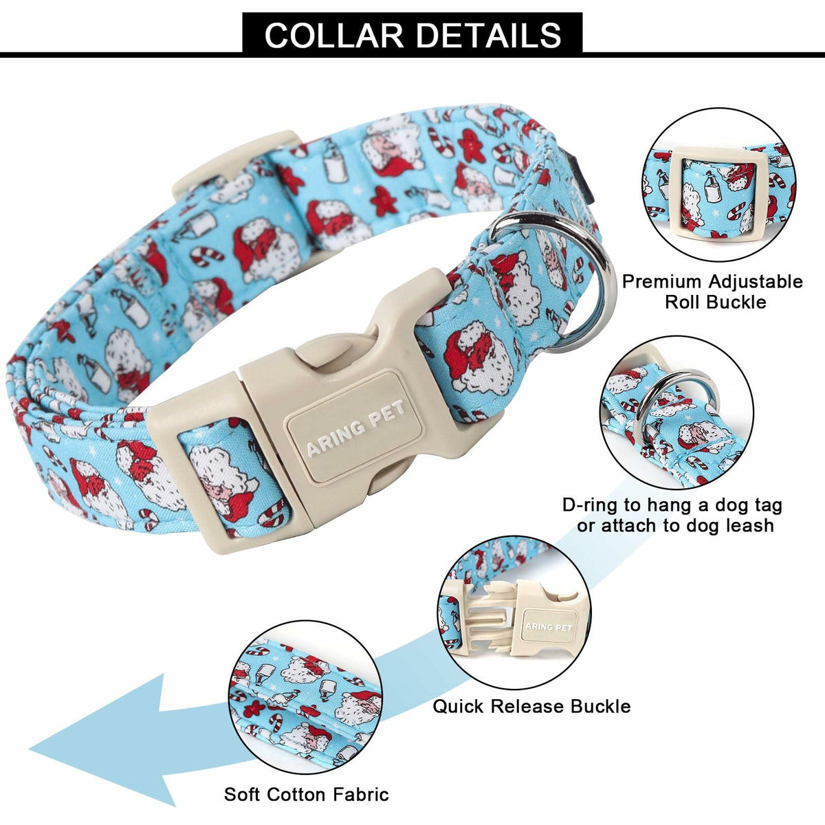 ARING PET Christmas Dog Collar Blue Adjustable Cotton Quick Release Puppy Collar